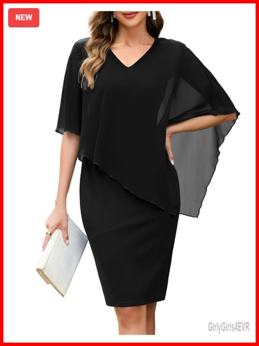 Women's Chiffon Cape Overlay V Neck Midi Cocktail Dress